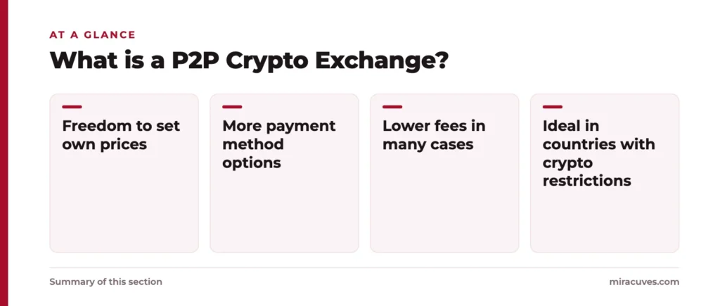 How to Start a P2P Crypto Exchange Platform Business 1 What is a P2P Crypto Exchange?: Freedom to set own prices, More payment method options, Lower fees in many cases, Ideal in countries with crypto restrictions