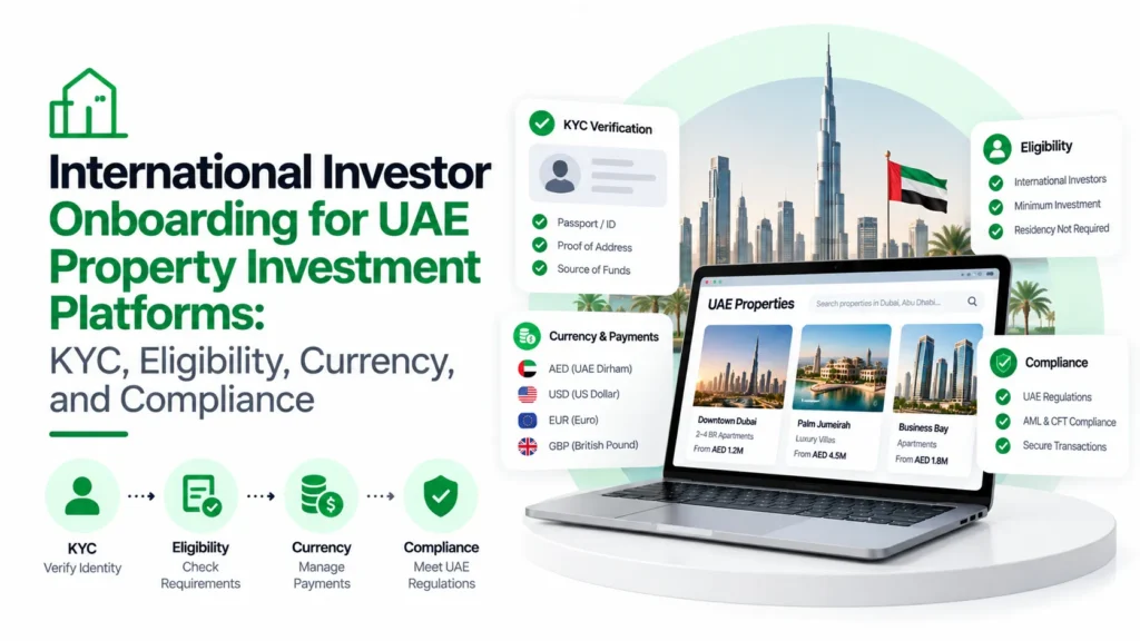 International investor onboarding for UAE property investment platforms with KYC verification, eligibility checks, currency payments, and compliance.