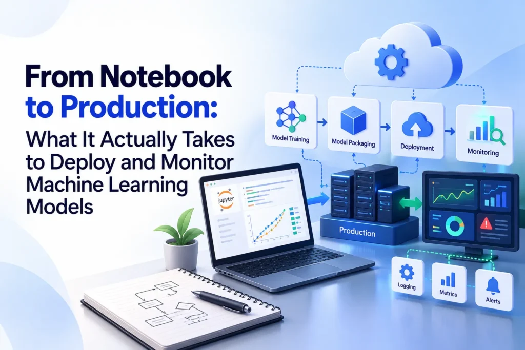 Illustration showing the machine learning deployment lifecycle from model training and packaging to cloud deployment, production monitoring, logging, and performance metrics.