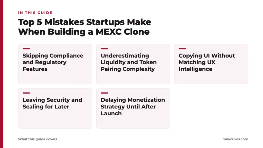 Top 5 Mistakes Startups Make When Building a MEXC Clone: Skipping Compliance and Regulatory Features, Underestimating Liquidity and Token Pairing Complexity, Copying UI Without Matching UX Intelligence, Leaving Security and Scaling for Late