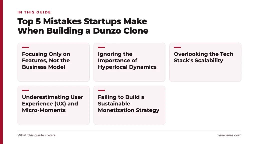Top 5 Mistakes Startups Make When Building a Dunzo Clone: Focusing Only on Features, Not the Business Model, Ignoring the Importance of Hyperlocal Dynamics, Overlooking the Tech Stack's Scalability, Underestimating User Experience (UX) and 
