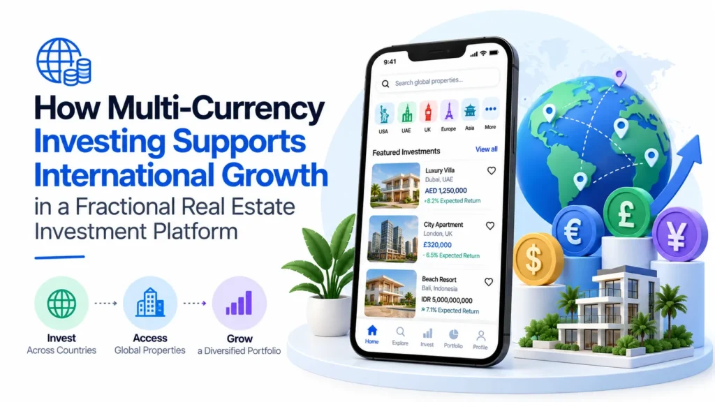 Multi-currency investing in a fractional real estate investment platform with global properties, international currencies, and diversified investment opportunities.