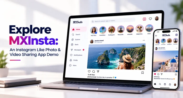 MXInsta Instagram-like app demo showing photo and video sharing, stories, reels, profiles, messaging, search, and social feeds