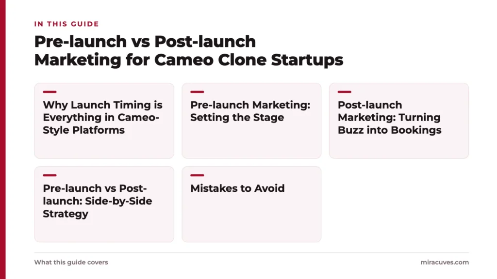 Pre-launch vs Post-launch Marketing for Cameo Clone Startups 1 Pre-launch vs Post-launch Marketing for Cameo Clone Startups: Why Launch Timing is Everything in Cameo-Style Platforms, Pre-launch Marketing: Setting the Stage, Post-launch Marketing: Turning Buzz into Bookings, Pre-launch vs Post-launch: S
