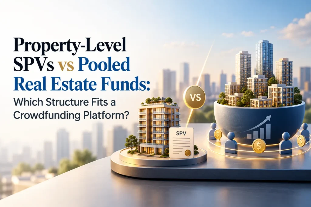 Property-level SPVs vs pooled real estate funds comparison showing two investment structures for a real estate crowdfunding platform.