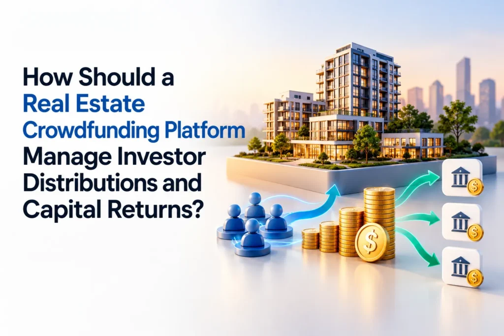 Real estate crowdfunding platform showing investor distributions, capital returns, property investments, and automated payout management.
