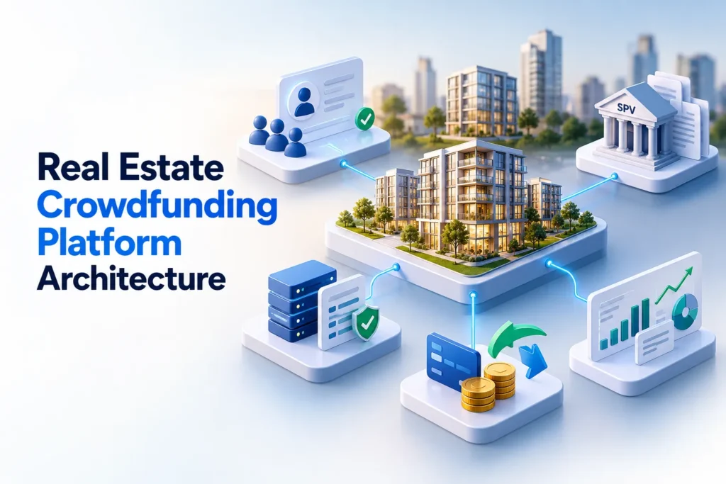 Real estate crowdfunding platform architecture showing investor onboarding, SPV management, payments, ledgers, and reporting.