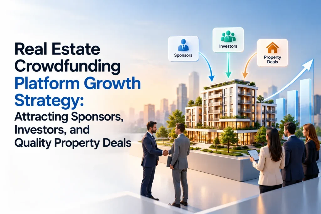 Real estate crowdfunding platform growth strategy showing sponsor acquisition, investor attraction, quality property deals, and investment platform growth.