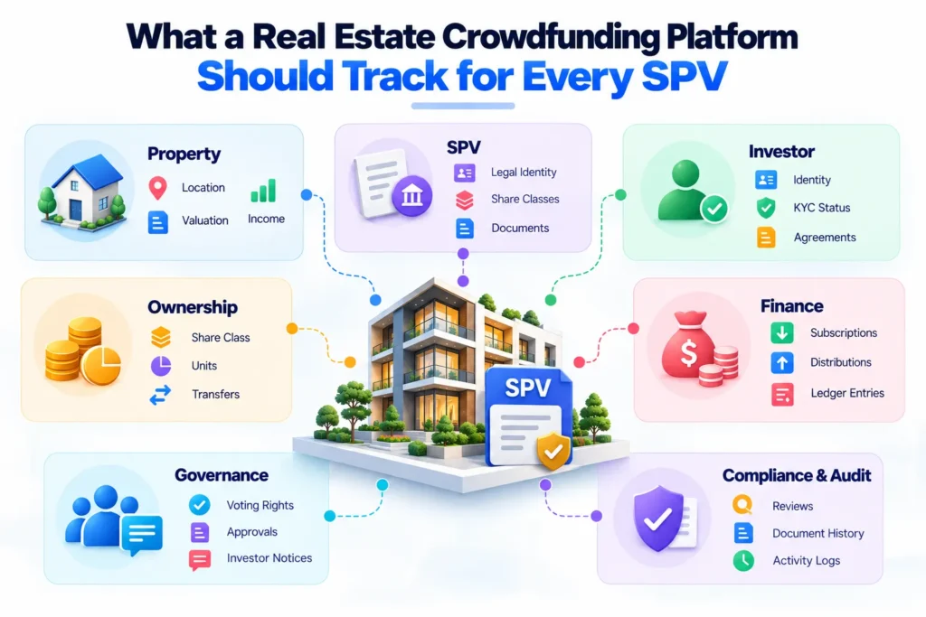 Real estate crowdfunding platform showing SPV tracking for property, investor, ownership, finance, governance, compliance, and audit records.