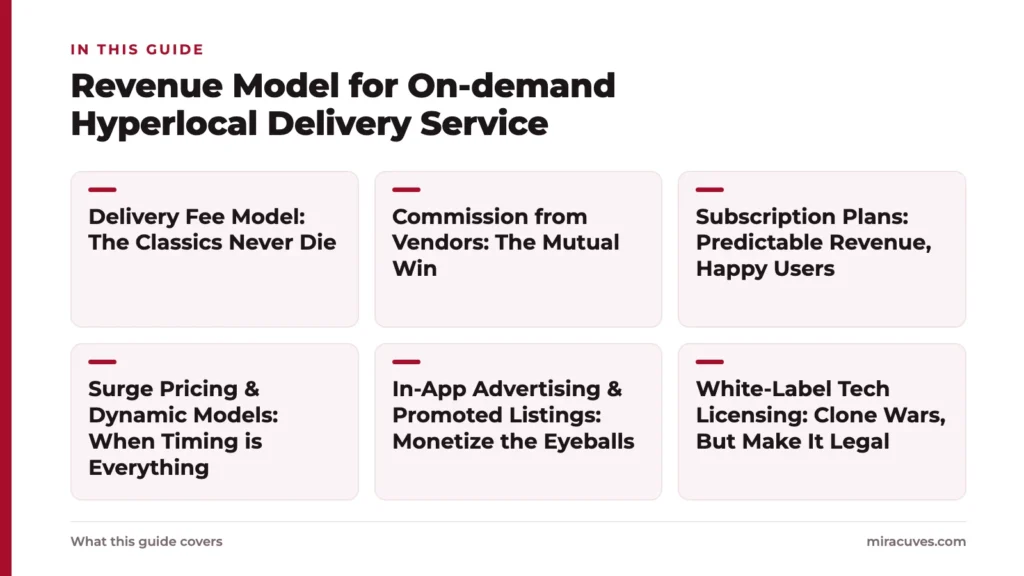 Revenue Model for On-demand Hyperlocal Delivery Service 1 Revenue Model for On-demand Hyperlocal Delivery Service: Delivery Fee Model: The Classics Never Die, Commission from Vendors: The Mutual Win, Subscription Plans: Predictable Revenue, Happy Users, Surge Pricing & Dynamic Models: When Timing