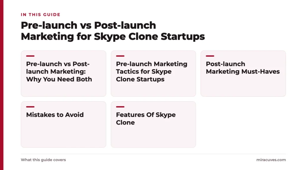 Pre-launch vs Post-launch Marketing for Skype Clone Startups 1 Pre-launch vs Post-launch Marketing for Skype Clone Startups: Pre-launch vs Post-launch Marketing: Why You Need Both, Pre-launch Marketing Tactics for Skype Clone Startups, Post-launch Marketing Must-Haves, Mistakes to Avoid, Features Of Sk