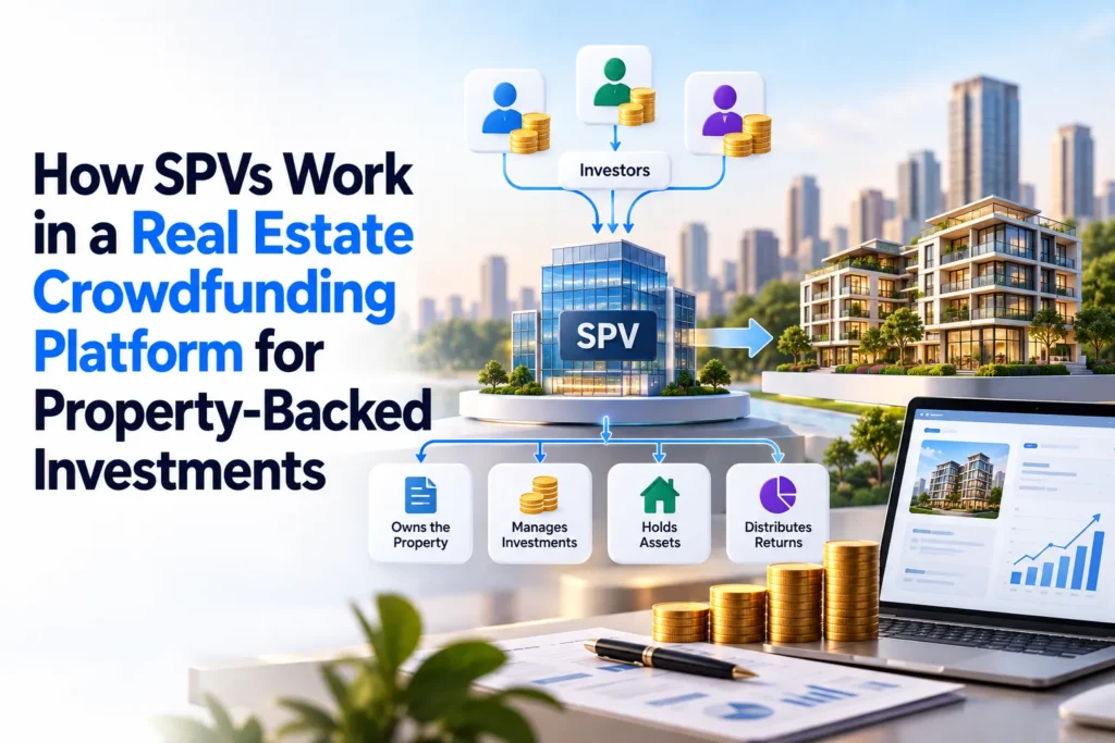 Real estate crowdfunding platform showing investors funding an SPV that owns property, manages investments, holds assets, and distributes returns.