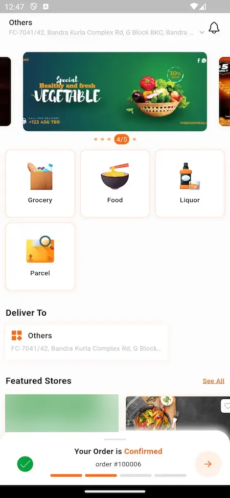 Swiggy Clone customer app home screen with an order confirmed message showing the order number.
