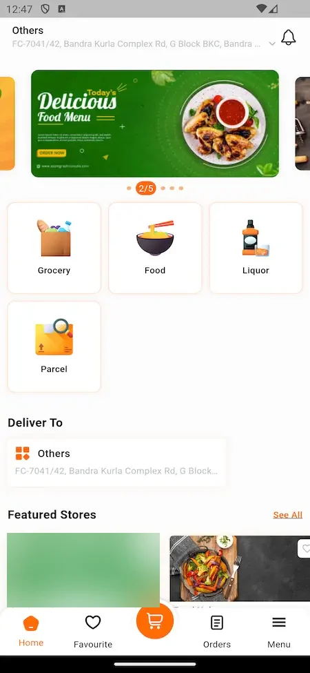 Swiggy Clone customer app home screen with Grocery, Food, Liquor and Parcel tiles, a deliver-to address and featured stores.