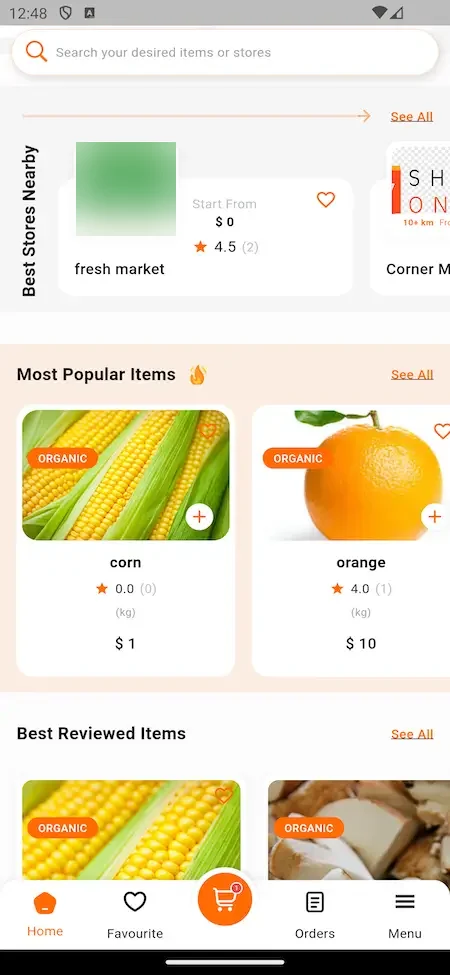 Swiggy Clone customer app list of best stores nearby, most popular items and best reviewed items with prices.