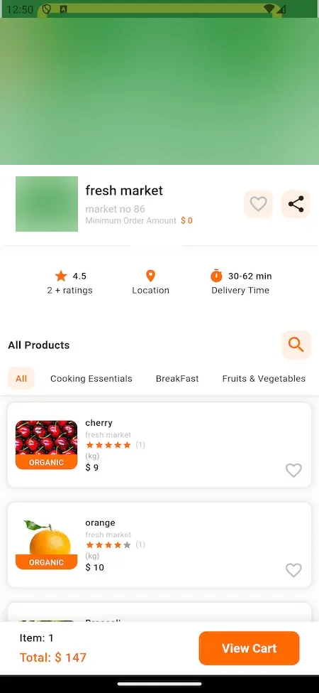 Swiggy Clone customer app store page for a fresh market with rating, delivery time, category chips, items and a View Cart bar.
