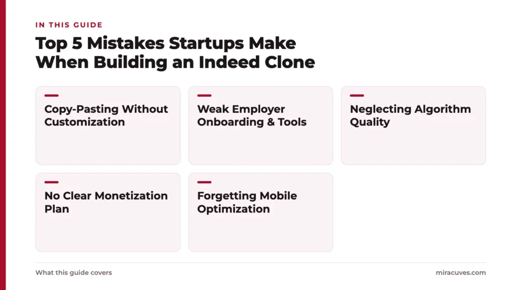 Top 5 Mistakes Startups Make When Building an Indeed Clone: Copy-Pasting Without Customization, Weak Employer Onboarding & Tools, Neglecting Algorithm Quality, No Clear Monetization Plan, Forgetting Mobile Optimization