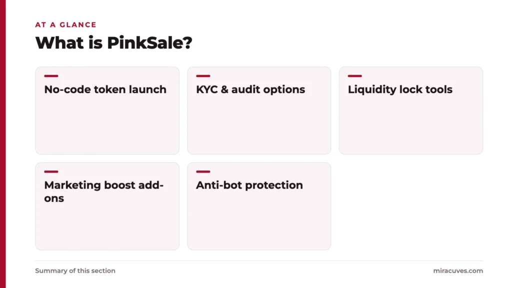 What is PinkSale?: No-code token launch, KYC & audit options, Liquidity lock tools, Marketing boost add-ons, Anti-bot protection