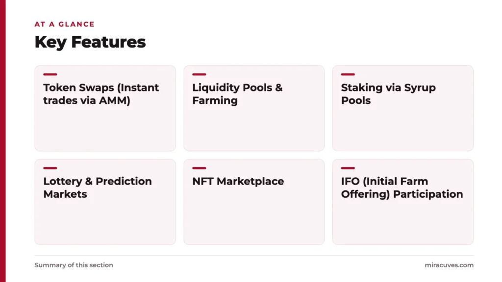 What is PancakeSwap App and How Does It Work? 1 Key Features: Token Swaps (Instant trades via AMM), Liquidity Pools & Farming, Staking via Syrup Pools, Lottery & Prediction Markets, NFT Marketplace, IFO (Initial Farm Offering) Participation