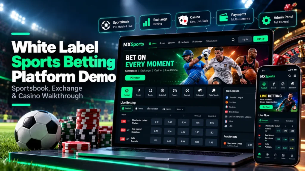 White label sports betting platform demo showing sportsbook, betting exchange, casino, payments, and admin panel
