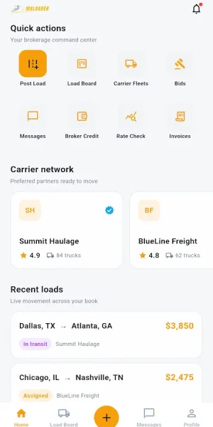 DAT load board broker mobile insights with quick actions, carrier network, and recent loads