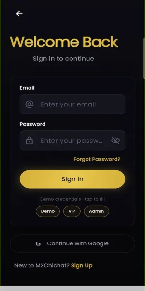 ChillChat mobile login with email, password, social sign-in, and registration
