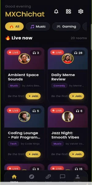 ChillChat mobile home showing live audio rooms by category