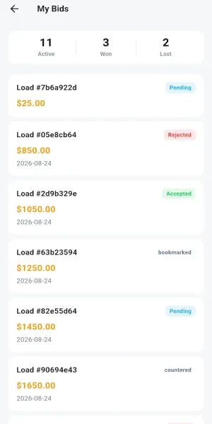 DAT load board carrier mobile bid list with pending, accepted, rejected, and countered statuses