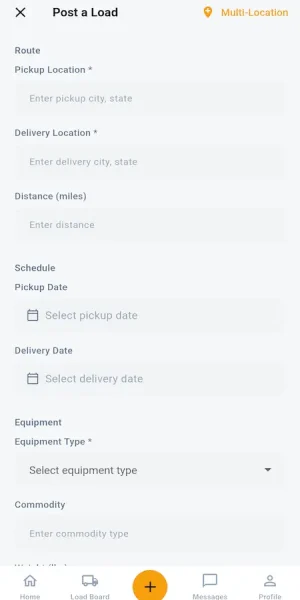 DAT load board shipper mobile form for route, dates, equipment, weight, and rate