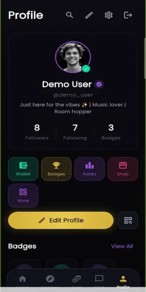 ChillChat mobile profile with followers, wallet, gifts, badges, games, and edit controls