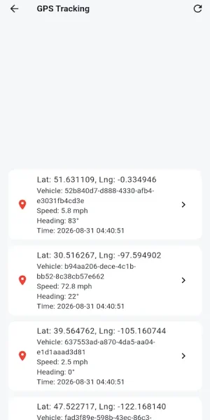 DAT load board carrier mobile GPS tracking list with coordinates, speed, heading, and timestamps