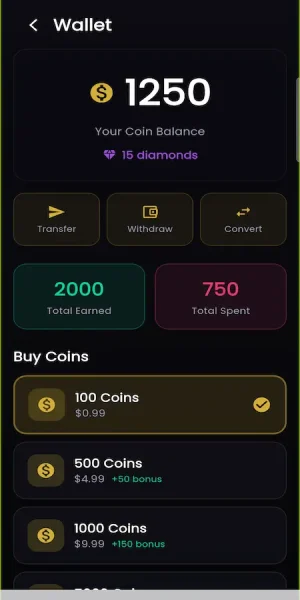 ChillChat mobile wallet with coin balance, earnings, spending, and coin packages
