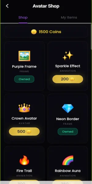 ChillChat avatar shop with purchasable frames, effects, borders, and trails