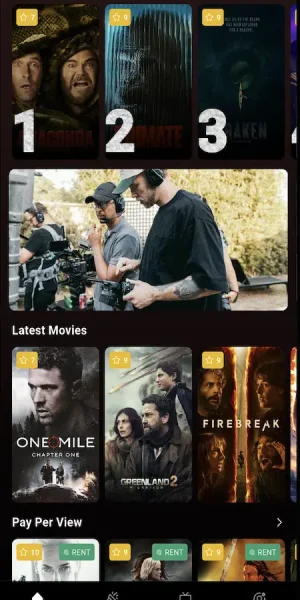 Mobile streaming home screen with top-ten titles, latest movies, coming-soon filters, and personalized content rows