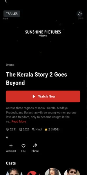 Mobile movie page with title, genre, trailer, watch-now action, rating, cast, watchlist controls, and related content