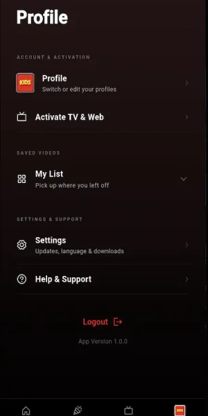 Mobile account menu with profile switching, TV activation, saved videos, app settings, help, and support