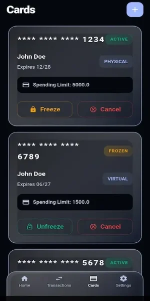 Digital banking app screen showing physical and virtual cards with spending limits, card status indicators, freeze and unfreeze controls, and card management options.