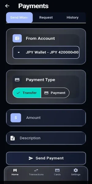 Payments screen showing send money form with account selection, payment type toggle, amount field, description field, and send payment button