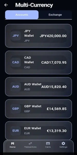 Multi-currency banking app screen showing JPY, CAD, AUD, GBP, and EUR wallet balances with account management and currency exchange options.