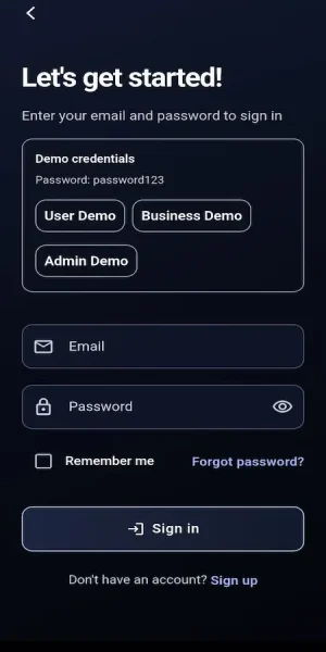 Mobile app login screen with email and password fields, demo user access buttons, remember me checkbox, forgot password link, and sign-in button on a dark background.