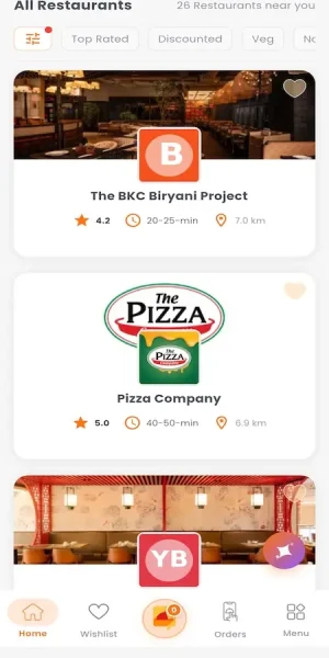 UberEats Clone All Restaurants List showing restaurant cards with ratings, delivery time, distance and cuisine filters