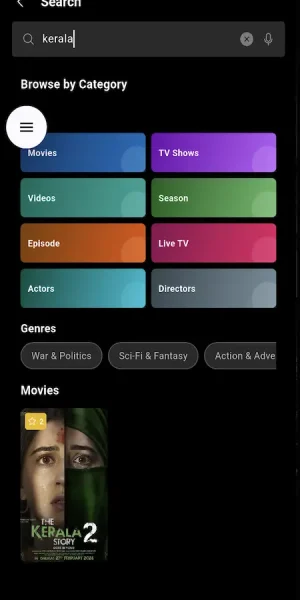 Mobile streaming search screen with content types for movies, TV shows, videos, seasons, episodes, live TV, actors, directors, and genres