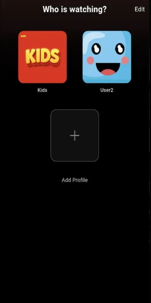 Mobile viewer selector with kids mode, standard profiles, profile editing, and an option to add another viewer