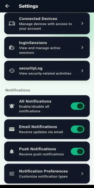 Mobile account settings screen displaying connected devices, login session management, security activity logs, notification preferences, email alerts, and push notification controls.