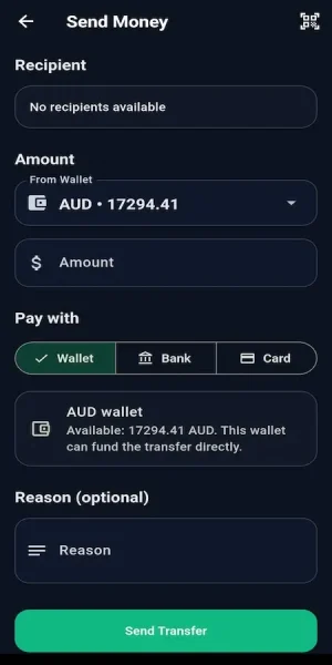 Mobile money transfer screen displaying recipient selection, wallet balance, transfer amount entry, payment methods including wallet, bank, and card, and send transfer functionality.