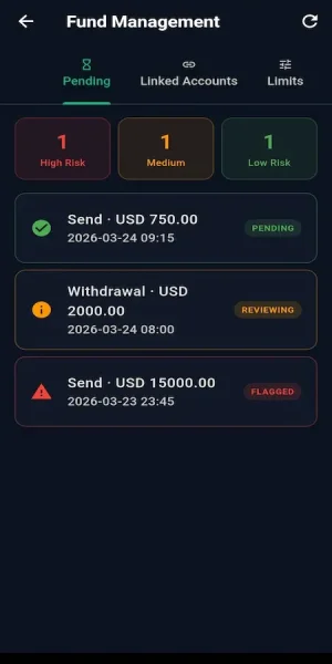 Mobile fund management dashboard displaying pending transfers, withdrawal reviews, flagged transactions, linked accounts, spending limits, and risk-level monitoring.