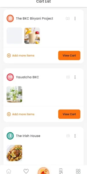 UberEats Clone Customer Cart List showing restaurant-grouped cart items with add-more and view-cart actions