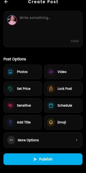 OnlyFans clone create post screen with premium content publishing, media uploads, post scheduling, pricing, and locked content options