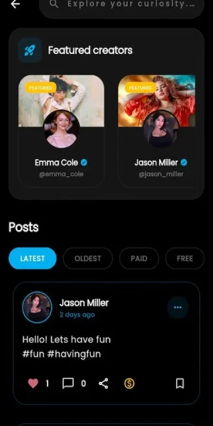 OnlyFans clone content discovery screen with featured creators, premium posts, content filters, and creator feed