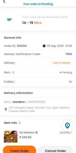 UberEats Clone Customer Order Details showing delivery estimate, verification code, order status, address, items and tracking controls